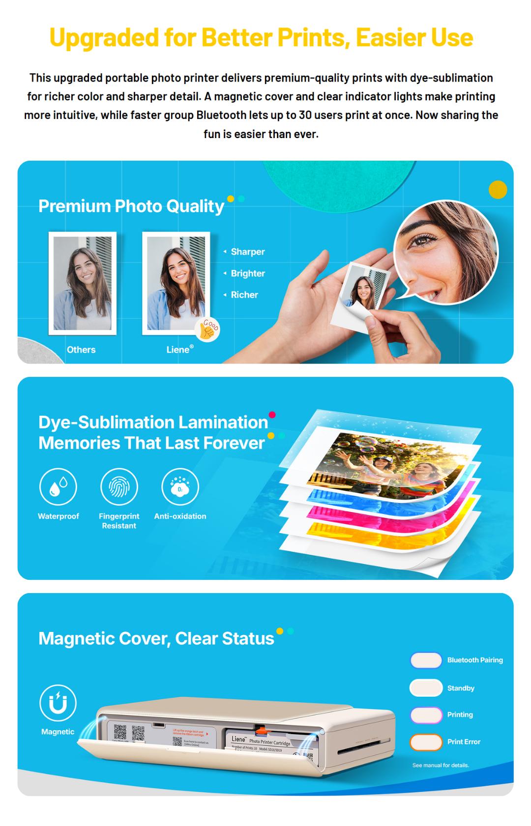 Liene Pearl N200 Pro Portable Photo Printer, Instant Mini Picture Printer for iPhone Smartphone, Thermal Dye Sublimation, Bluetooth Sticker Printer 50 Sheets 2x3 Adhesive Paper & 5 Cartridges, New Drops, Spring Glow Up