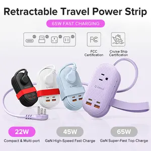 ORICO Upgraded 7-in-1 Travel Power Strip,2 Outlets & 4 USB Ports (2TYPE-C+2USB-A), 65W Fast Charging, Flat Plug，Compact for Cruise, Hotel, Dorm, and Travel Essentials- TK