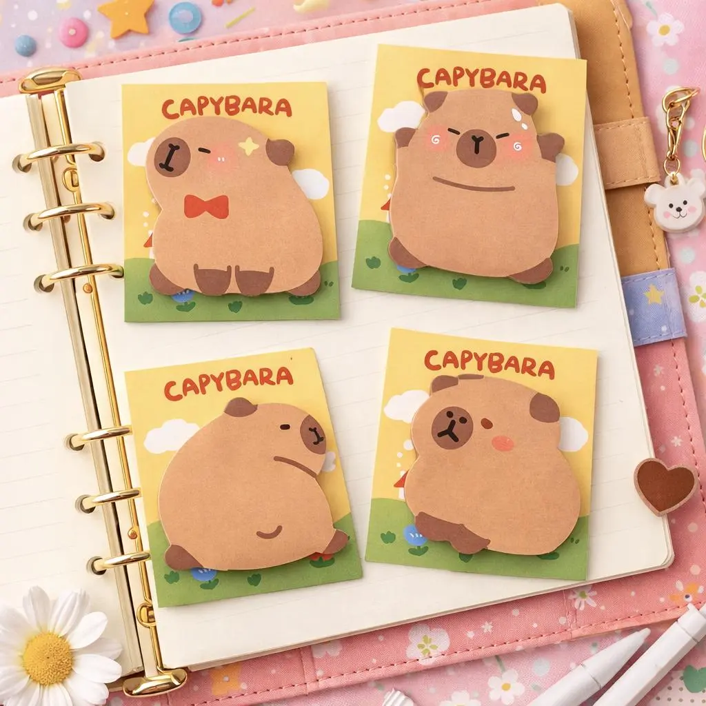 Soft Kawaii Capybara Paper Sticky Notes 4-Pack - Cartoon Adorable Capybara Character Designs, Cute and Practical Scrapbooking Stationery for School, Journaling, DIY Projects