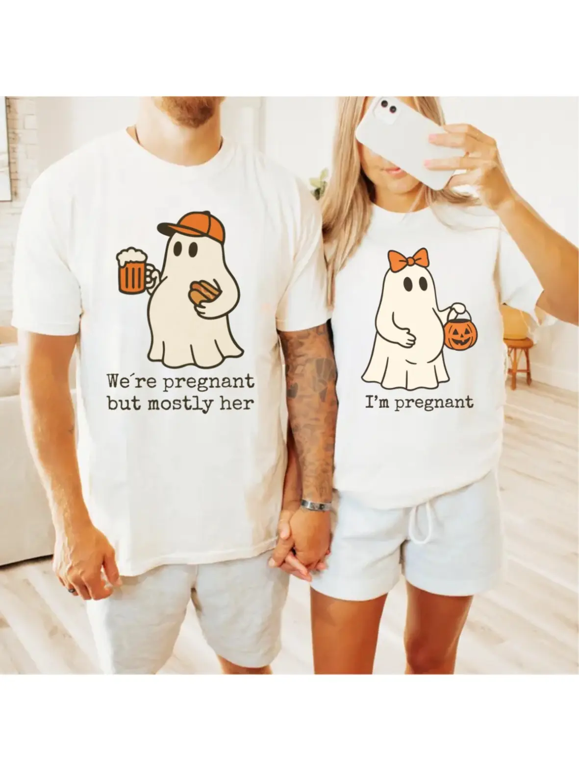 Halloween Pregnancy Announcement Couple Shirts, We're Pregnant But Mostly Her & I'm Pregnant Matching T-Shirts