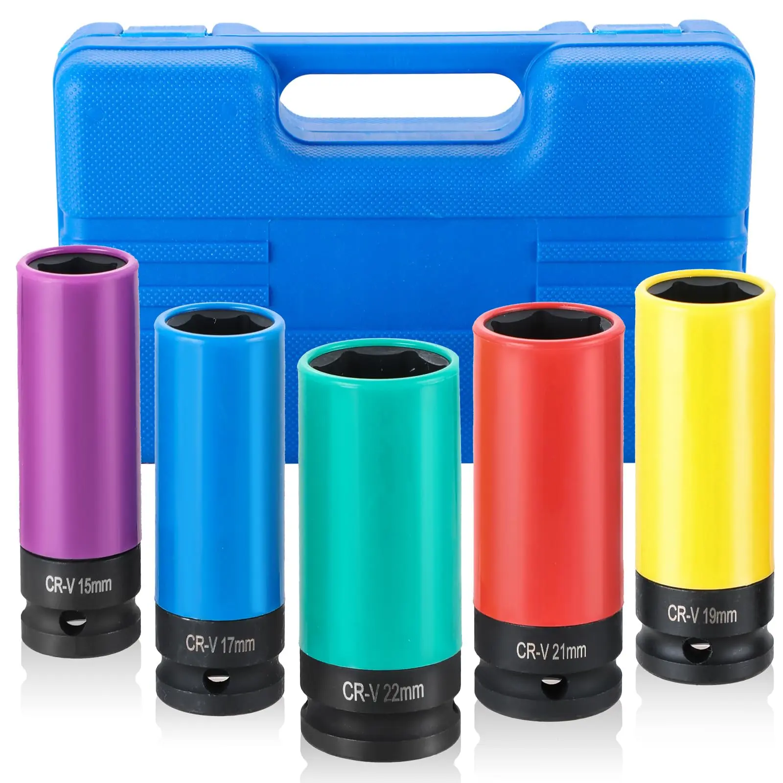 Ultimate Wheel Protector Impact Socket Set | 1/2 Inch Drive Lug Nut  Non-marring Thin Wall Design Cr-mo Alloy Color-coded Protective Sleeve 6-point(15 17 19 21 22 Mm)