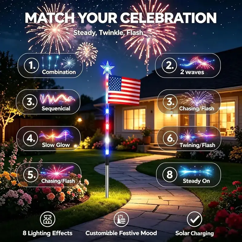 8 Pack Solar American Flag Pathway Lights, Patriotic Red White Blue Outdoor Stake Lights, Waterproof LED Garden Lights with 8 Modes, Decorative Landscape Lights for Yard Lawn Patio Holiday Decor