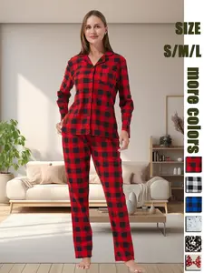 Women's Classic Plaid Pajama Set, Long Sleeve Top & Pants, Button Front, Pocket Design, Casual Home Wear, All Seasons