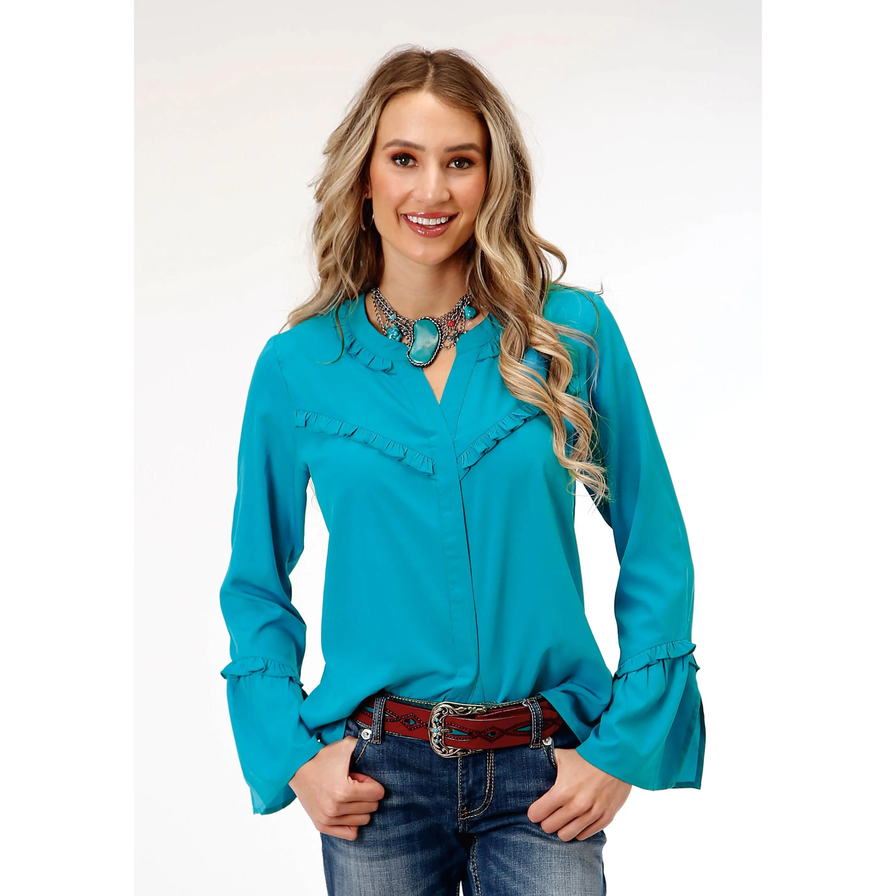 Womens Long Sleeve Dk Turquoise Poly Peasant  Blouse