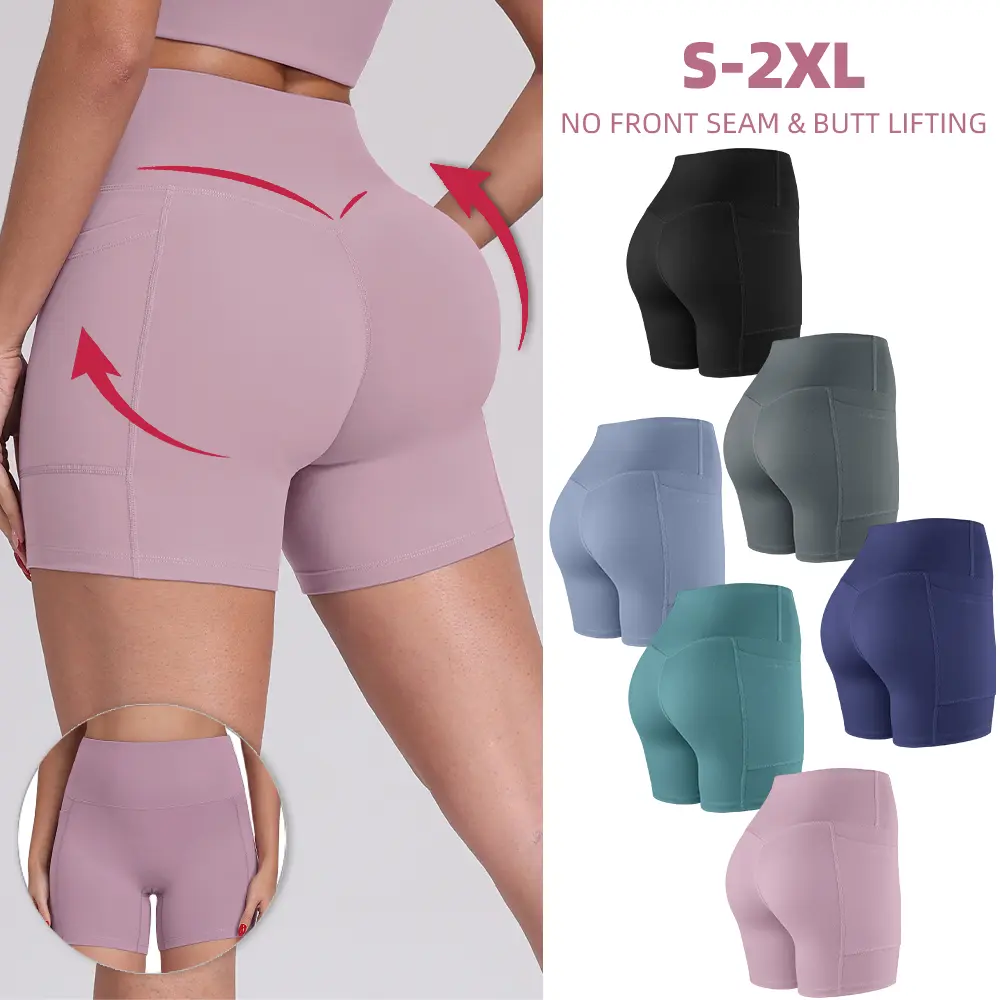 【Fast 3-Day Delivery】1/3/4/6-PACK NO FRONT SEAM & BUTT LIFTING SHORTS with Pockets S-2XL - 2026 New Women's High Waist Tummy Control 5'' Shorts with 1'' Elastic Waistband Yoga Wear Fitness Yoga Gym Activewear