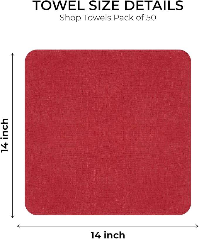 HURBANE HOME 50-Pack Red Reusable Polycotton Shop Towels, 14x14 in Rectangle Cotton Rags, Highly Absorbent Lint-Free Cloths for Automotive Car Washing & Maintenance, Easy to Wipe Clean