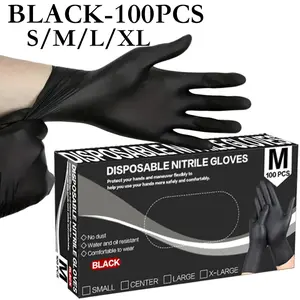 100 PCS, black Disposable nitrile gloves, oil-resistant, easy to put on, for household cleaning, waterproof, suitable for kitchen cleaning, pet care, dishwashing, eyebrow tattooing, cleaning, powder-free, non-medical gloves