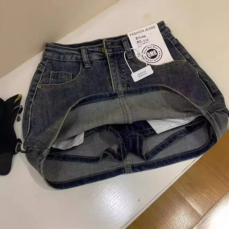 Vintage Distressed Denim Short Skirt for Women, Summer Small Size, High Waist, Plus Size, Loose Fit, Versatile, Anti-Exposure Skirt, Women's Clothing, Conservative Gothic Style, Latin Mini Skirt, Small Skirt