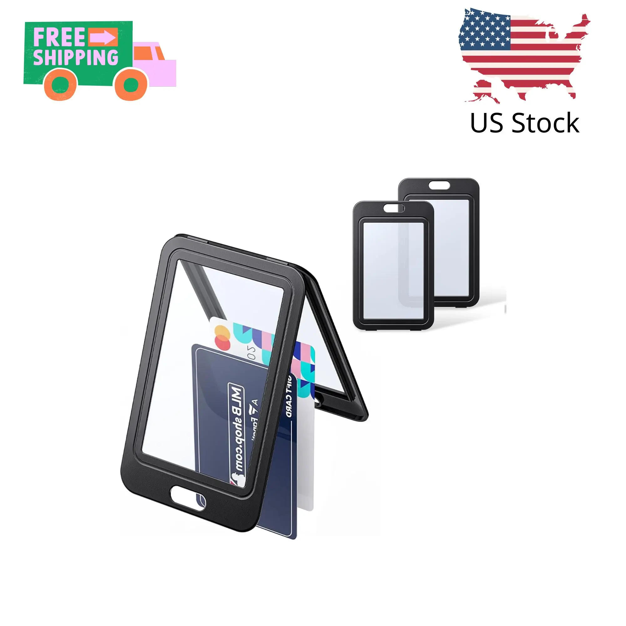 3 Pack ID Badge Holder with Double-Sided Windows Vertical Hard Plastic Case Black Card Protector Pouch