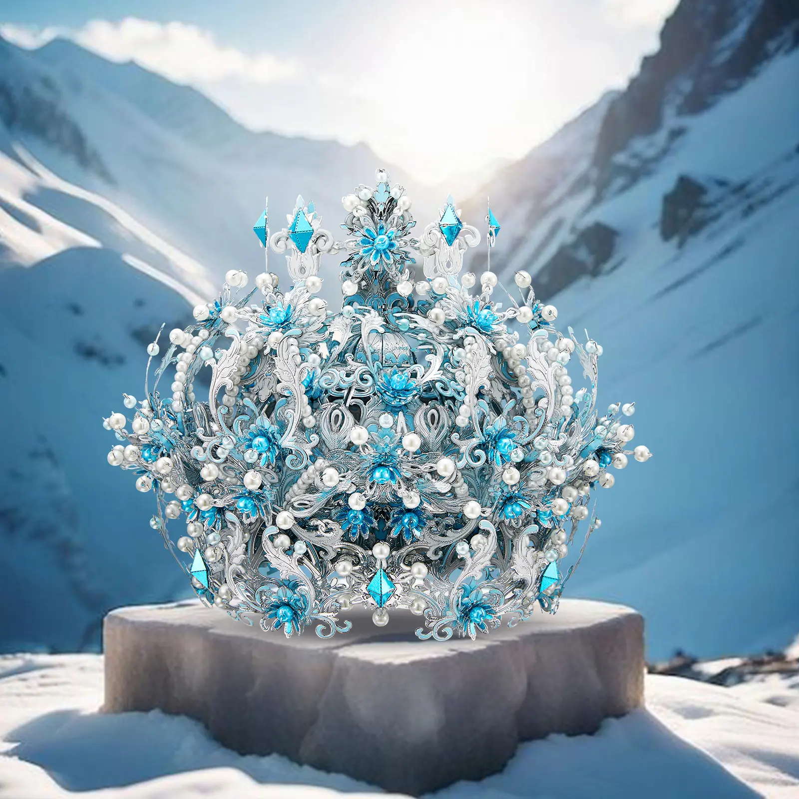 Piececool 3D Metal Puzzle Ice and Snow Crown - Detailed Blue Gems, Pearl Accents - Puzzle Art Gift for Collectors