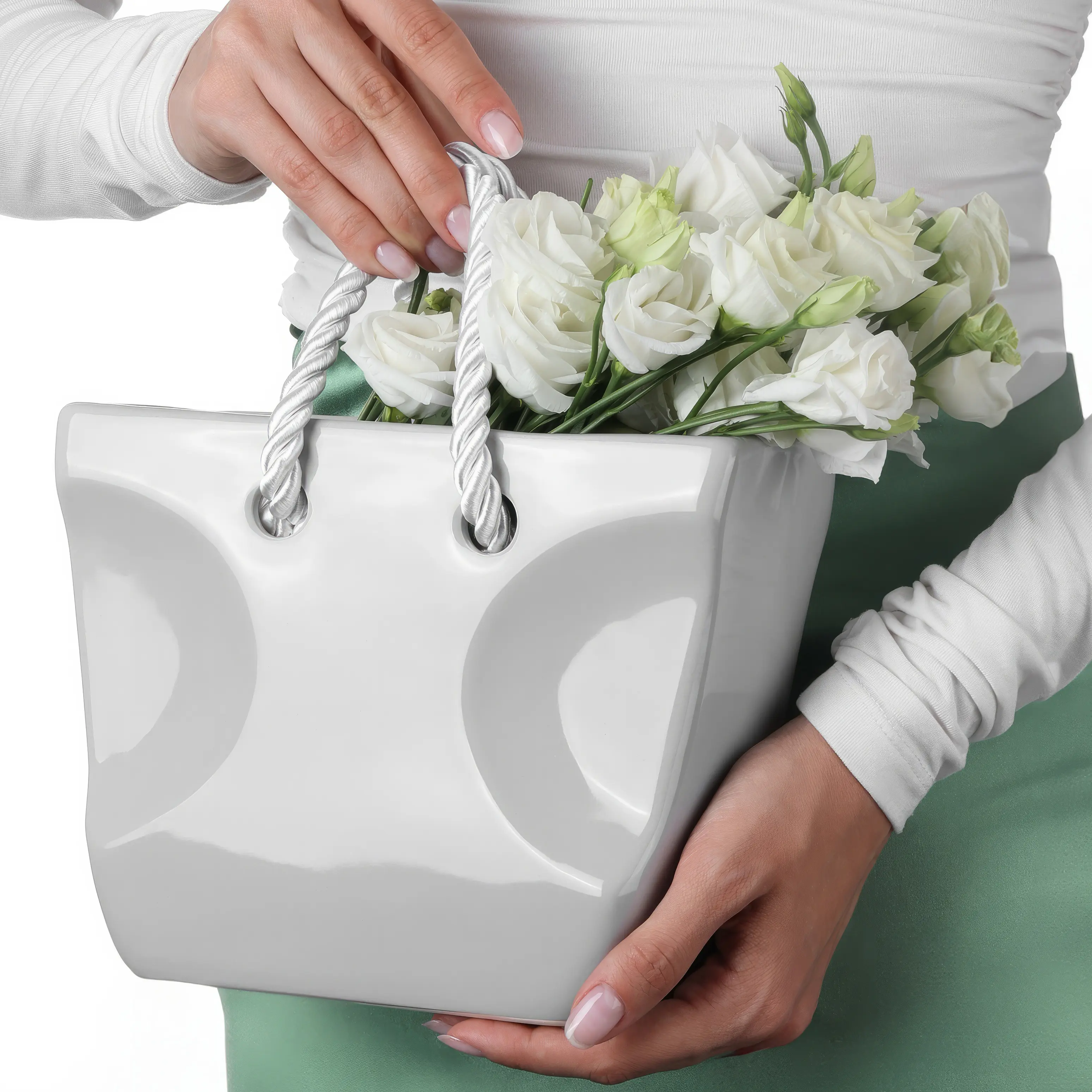 Mother’s Day Gifts - Gift for Moms - White Ceramic Purse Vase for Flowers – Bag Glazed Vases for Home Decor - Pottery Vase for Flowers - Handbag Flower Vase - Handmade Vase Clay - Vases for Dinning Centerpiece Table Home Indoor Desk Decor Living Room
