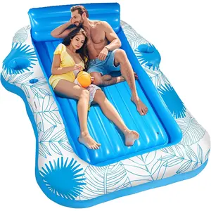 Inflatable Tanning Pool Lounger Float, X-Large Sunbathing Floating Mat with 2 Food Drink Holders, Blow Up Pool Raft Bed for Adults Beach