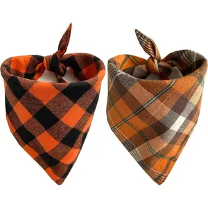 Fall Dog Bandanas 2 Pack, Halloween Thanksgiving Pet Scarf for Boy and Girl, Premium Durable Fabric, Holiday Orange Plaid Bandana for Medium and Large Dogs (Large)