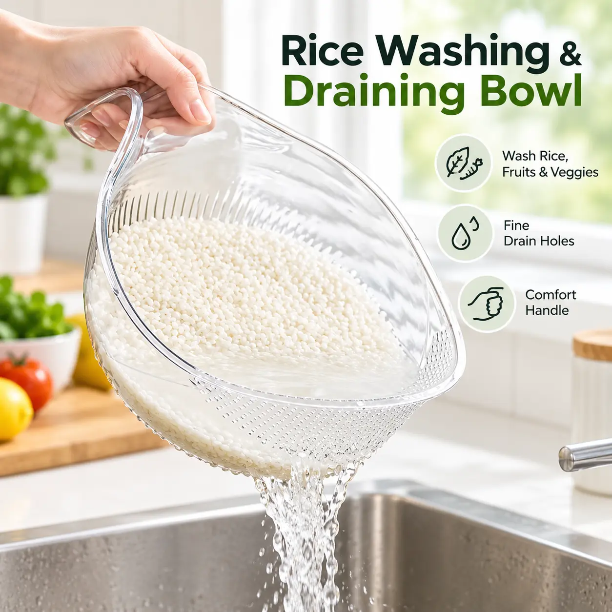 Rice Washing Bowl with Strainer & Handle, Easy-Drain Kitchen Rinse Bowl for Rice, Fruits, Vegetables & Grains, Multi-Purpose Food Washing Colander