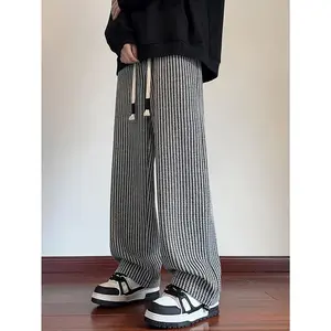Men’s Casual Knit Pants – Relaxed Fit Straight-Leg Design | Black & White Herringbone Pattern, American-Style Stripes | Comfortable, fashionable for fall and winter — men’s casual wear, coffee color