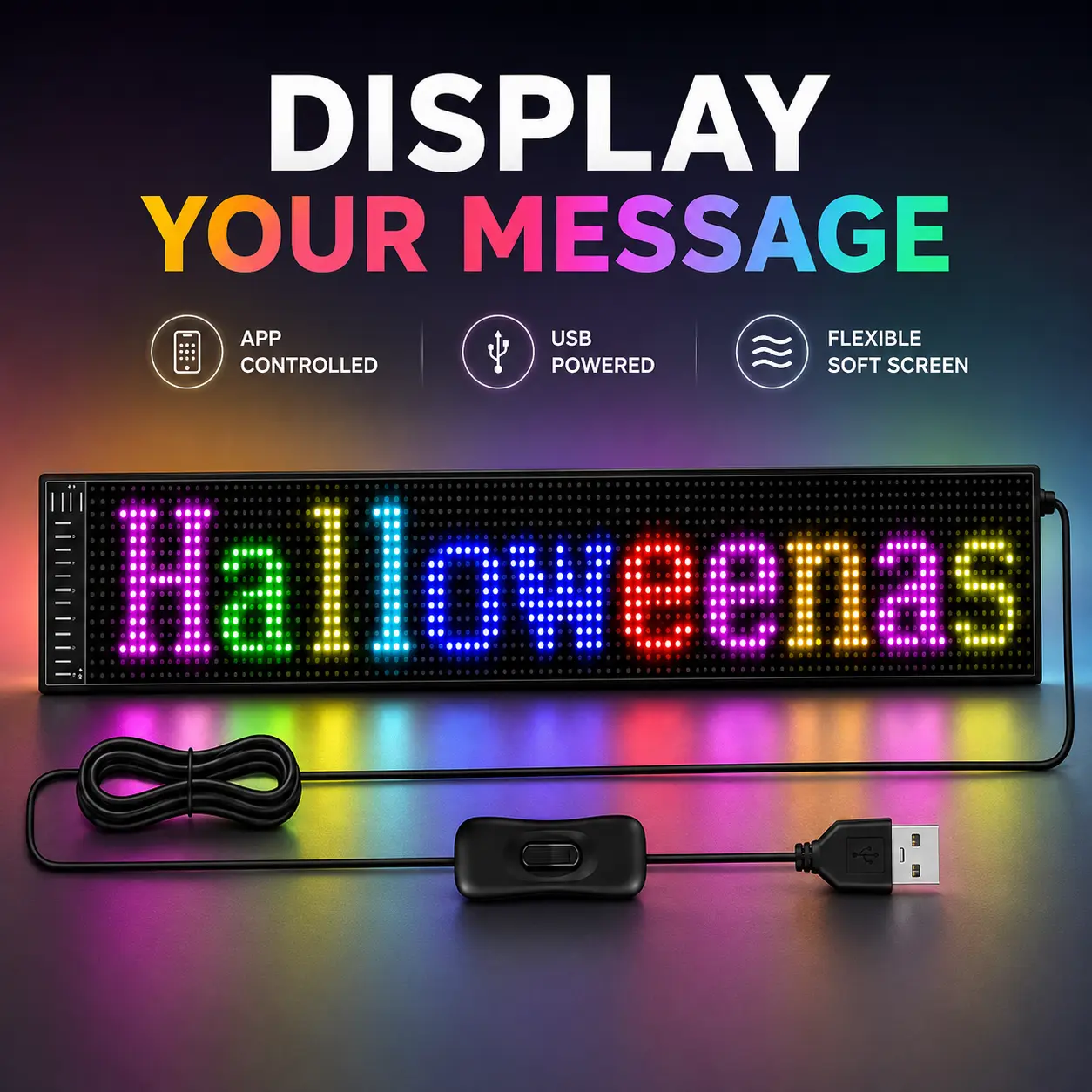 App-Controlled RGB LED Pixel Display Sign, Flexible USB Powered Message Board with DIY Text, Emojis, Animations, 3 Sizes Available for Car Window, Gaming Room, Shop and Event Decor