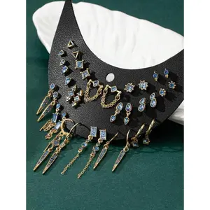 17 Pairs/Set Retro-Style Minimalist Multiple Rhinestone Small Stud Earrings, Niche Design, European American Style