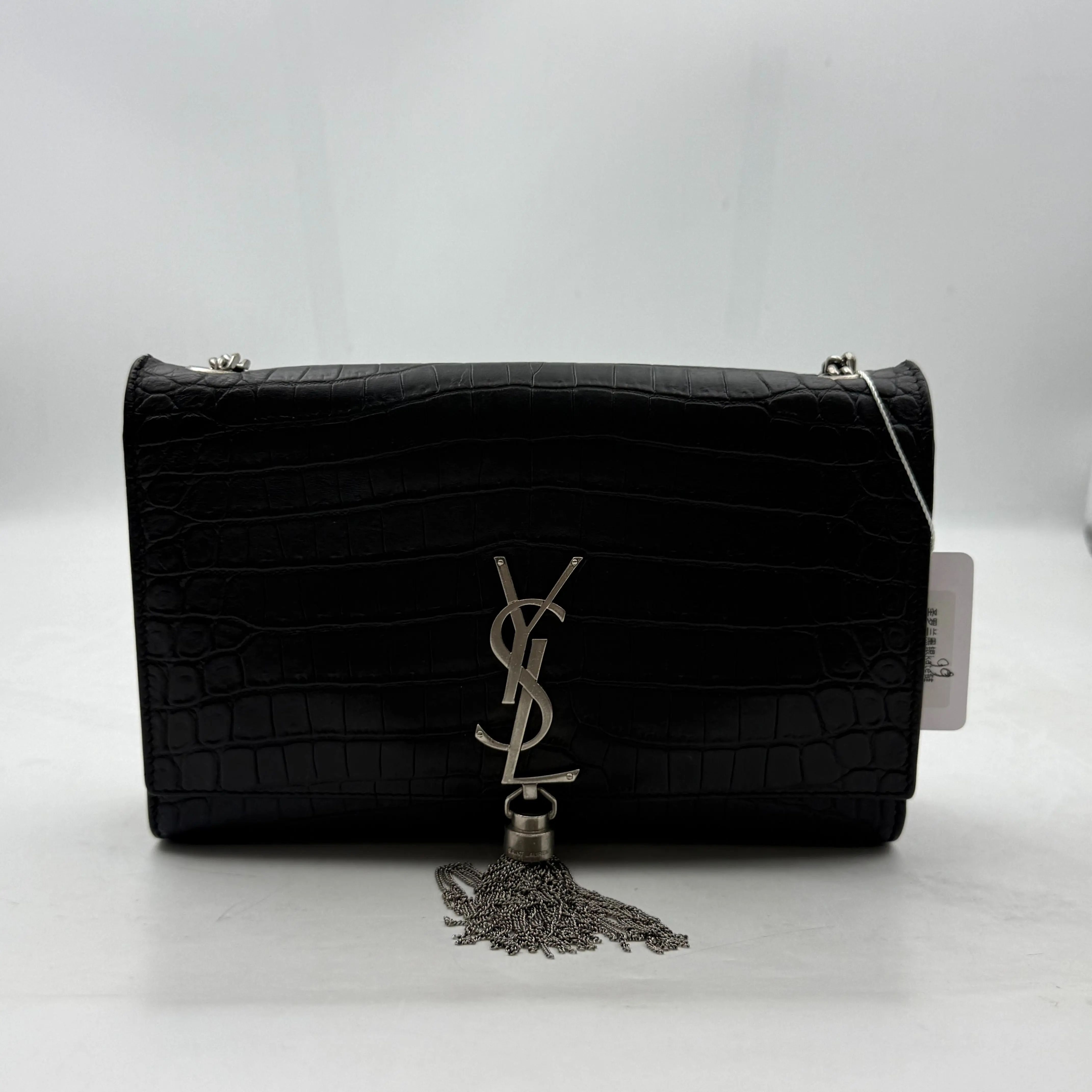 Pre-owned Yves Saint Laurent YSL Kate Flap Crossbody Bag Black Croc Embossed Leather, Silver Metal Hardware, Tassel Accent