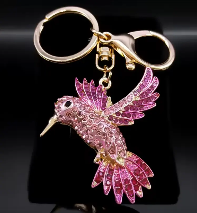 Pink Hummingbird Keychain for Women Men Rhinestone Gold Color Alloy Animal Birds Purse Bag Key Chain with Sparkling Rhinestones