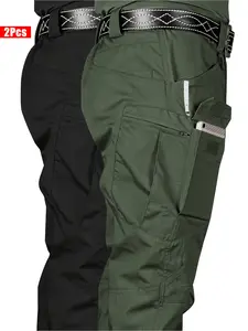 Men's tactical work pants, Fitted, Casual, multi-pocket, solid color, polyester fabric, suitable for outdoor construction workers, hiking, all-season wear, lightweight design with multiple pockets, Casual Fashion Trousers