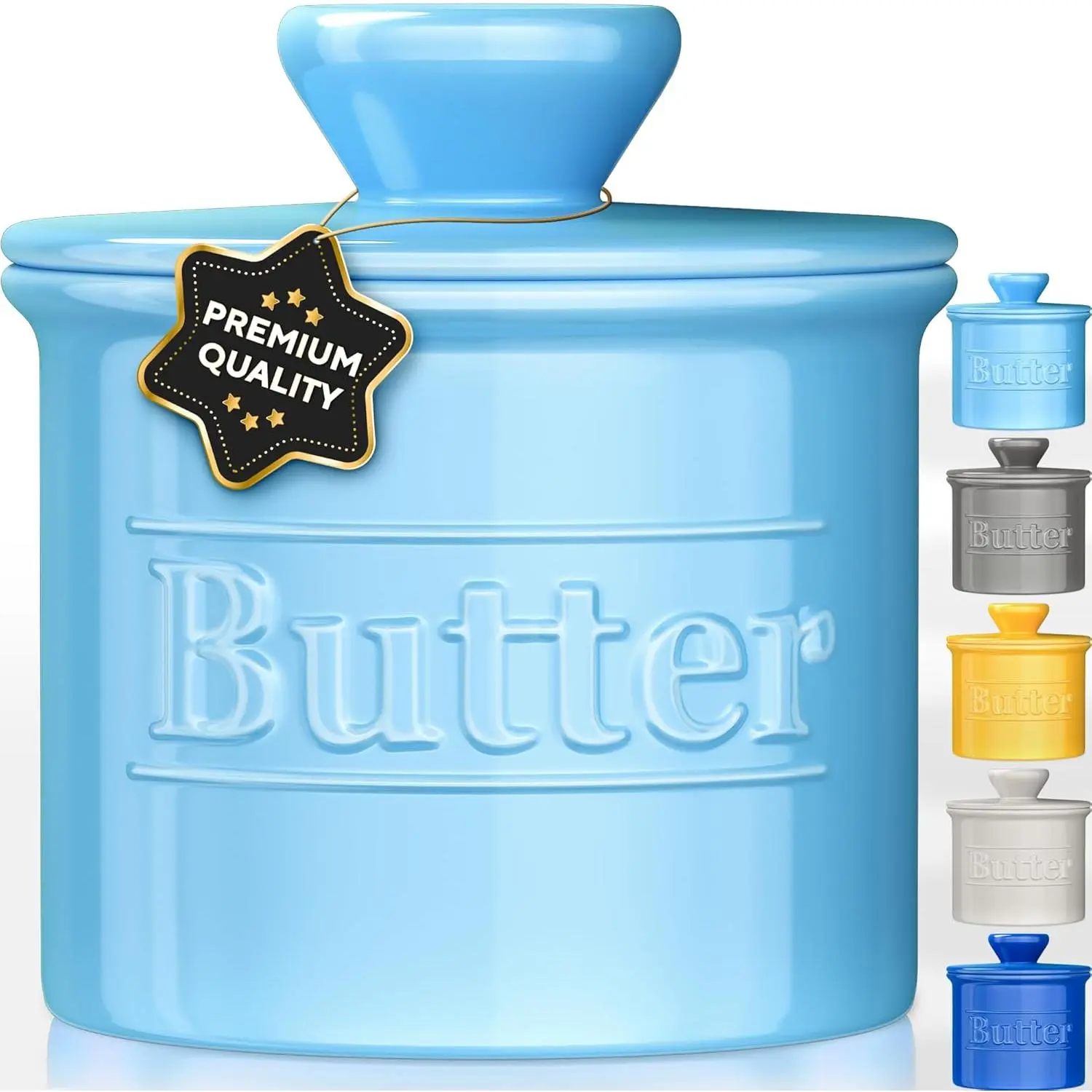 Butter Crock with Lid -  Design  Butter Dish - Beautiful Ceramic Butter Keeper for Counter with Water Line -  to Keep Butter Soft and Spreadable - Light Blue
