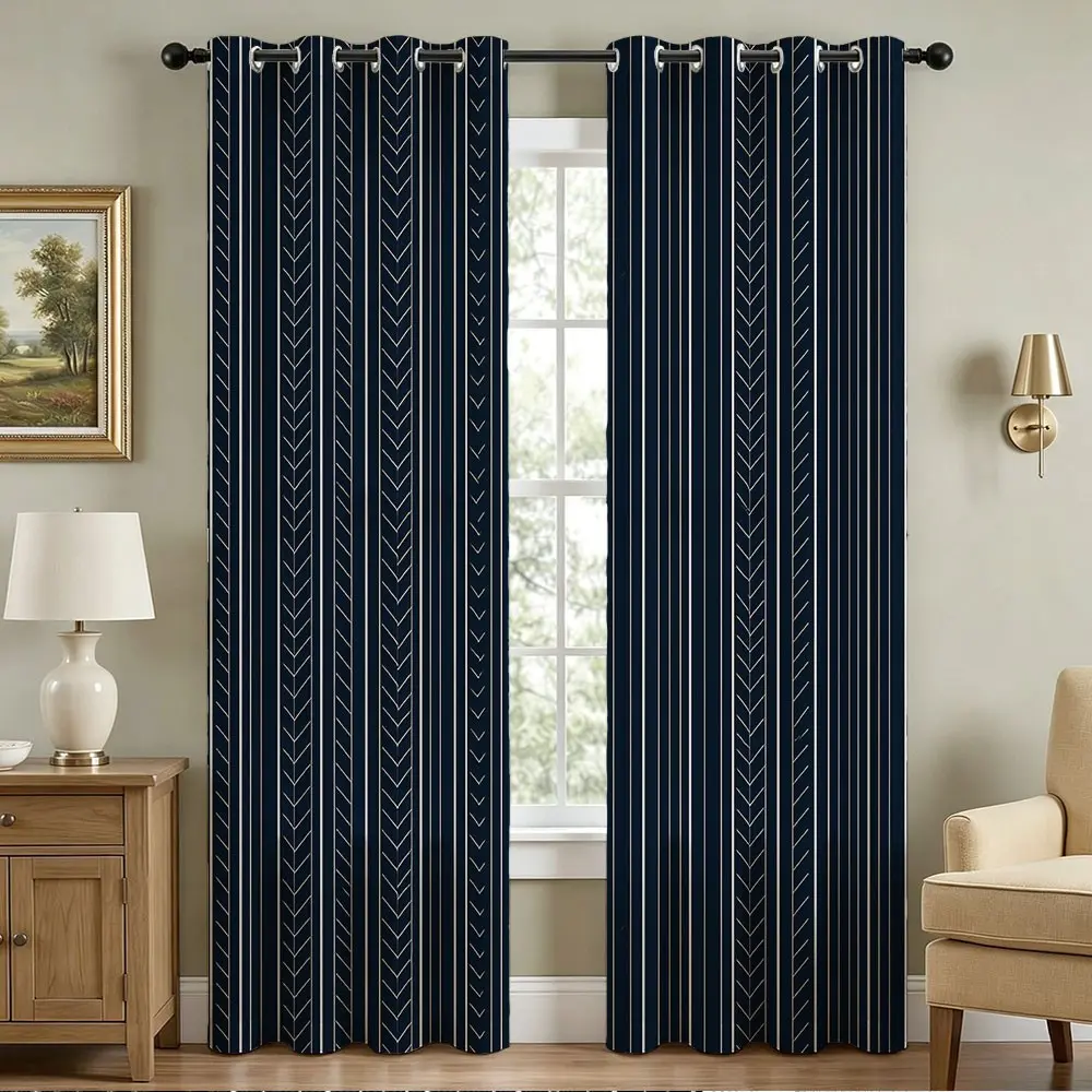 Navy Blue Herringbone Geometric Blackout Curtains - Modern Striped Window Drapes, Minimalist Dark Blue Curtains for Living Room Bedroom, Room Decor Curtain