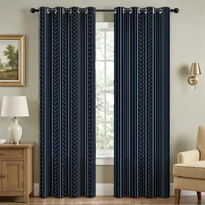 Navy Blue Herringbone Geometric Blackout Curtains - Modern Striped Window Drapes, Minimalist Dark Blue Curtains for Living Room Bedroom