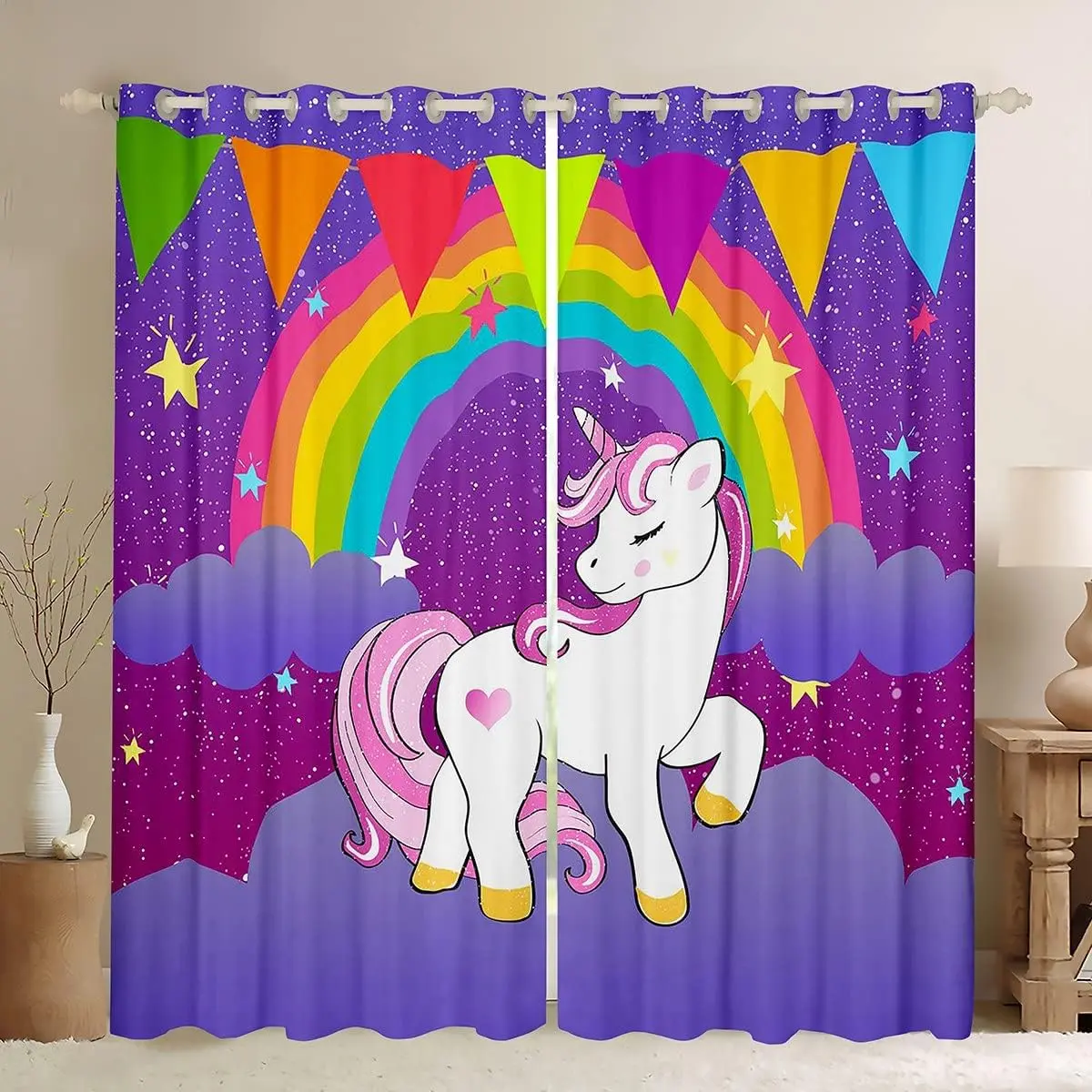 Feelyou Unicorn Window Curtains - Cute Rainbow Galaxy Stars Cartoon Kawaii Print, Purple Home Decoration Curtain, Privacy Grommet, Interior Decoration Accessories, Fantasy Room Accents, Privacy Grommet Curtains