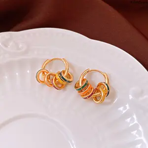 Rainbow Enamel Multi-Ring Hoop Earrings for Women – Gold Plated Colorful Layered Earrings, Lightweight Daily Wear Jewelry