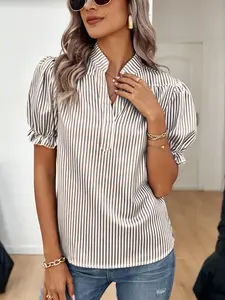 Women's Striped Shirt, Casual Elegance Short Sleeve Top, Summer Women's Clothing, Fitted Stylish Blouse for Daily Wear, Casual Fitted Collared