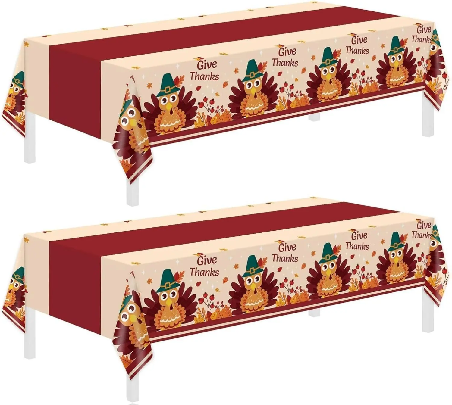 2-Pack Disposable Plastic Thanksgiving Tablecloth Set, 54"x108" Rectangle, Turkey & Maple Leaf Patterns, Bright Colors Decor, Waterproof Spill-Proof Fall Party Table Cover for Home Dinner, Outdoor Picnic, Birthday, Baby Shower, Festival