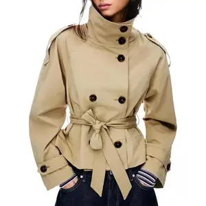 Women's Khaki Cropped Trench Coat Double Breasted Short Jacket High Collar Fitted Long Sleeve Belted Autumn Winter Coats Trendy Outfit Can be used with raincoat