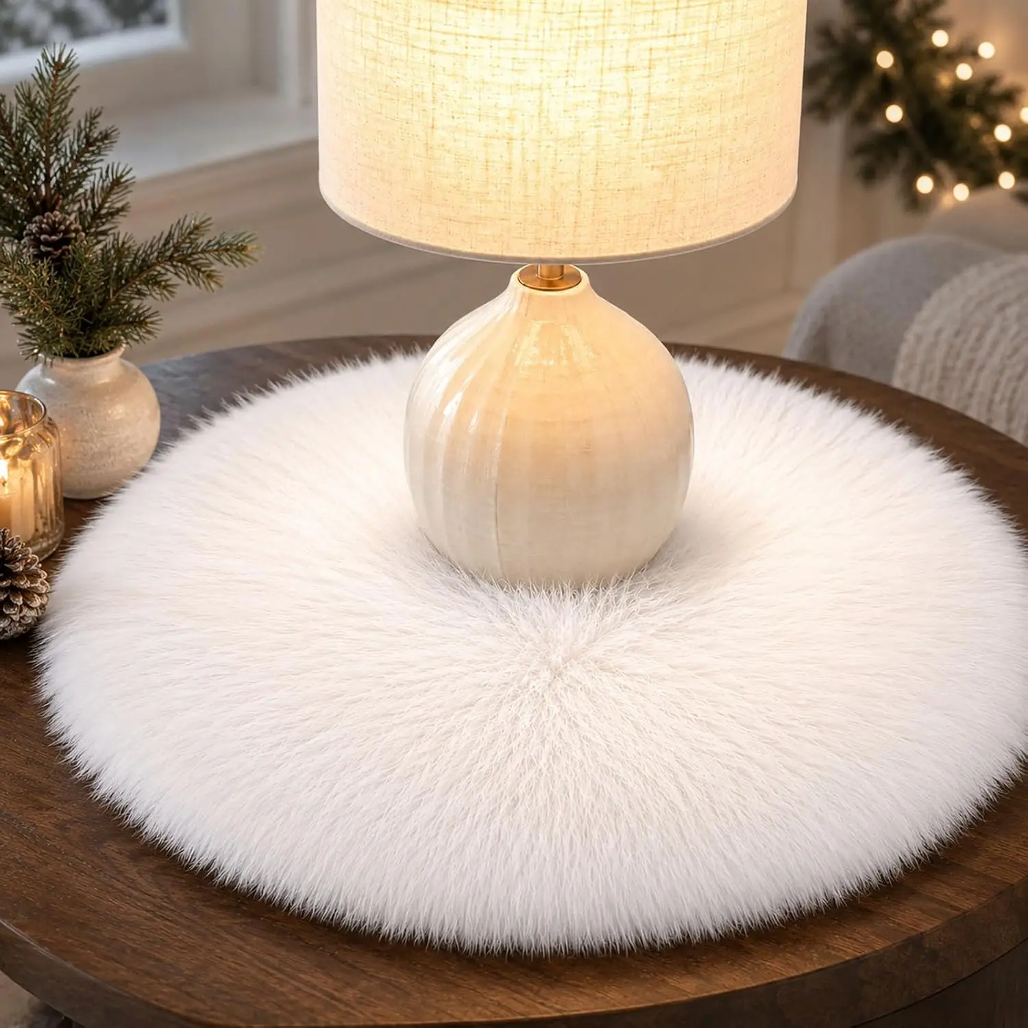 Round Fur Placemats Set of 2, Washable Faux Fur Fluffy Table Place Mats Decor for Home Table Dresser Party Decoration Table Runner (16 inch, White) graduation decorations Modern graduation sash graduation Coasters Tableware Coasters Tableware