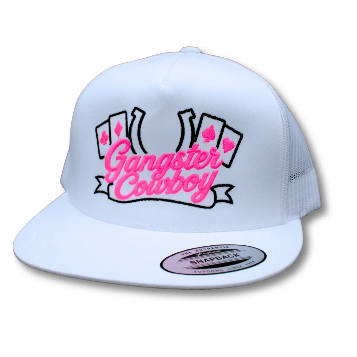Cowboys Luck- White, Pink, and Black. Yupoong Classic Snapback. Gangster Cowboy Official Product