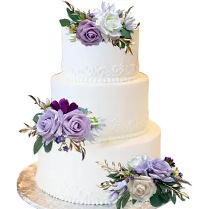 3Pcs Purple Artificial Flower Cake Topper Set - Wedding & Anniversary Cake Decor Props, Fall Vintage Home Decor Supplies