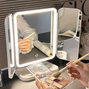 Tri-fold Portable LED Makeup Mirror with 3 Light Modes, USB Rechargeable 1X/2X/3X Magnification Vanity Mirror with Stand,Adjustable Angle,Adjustable Touch Lighting