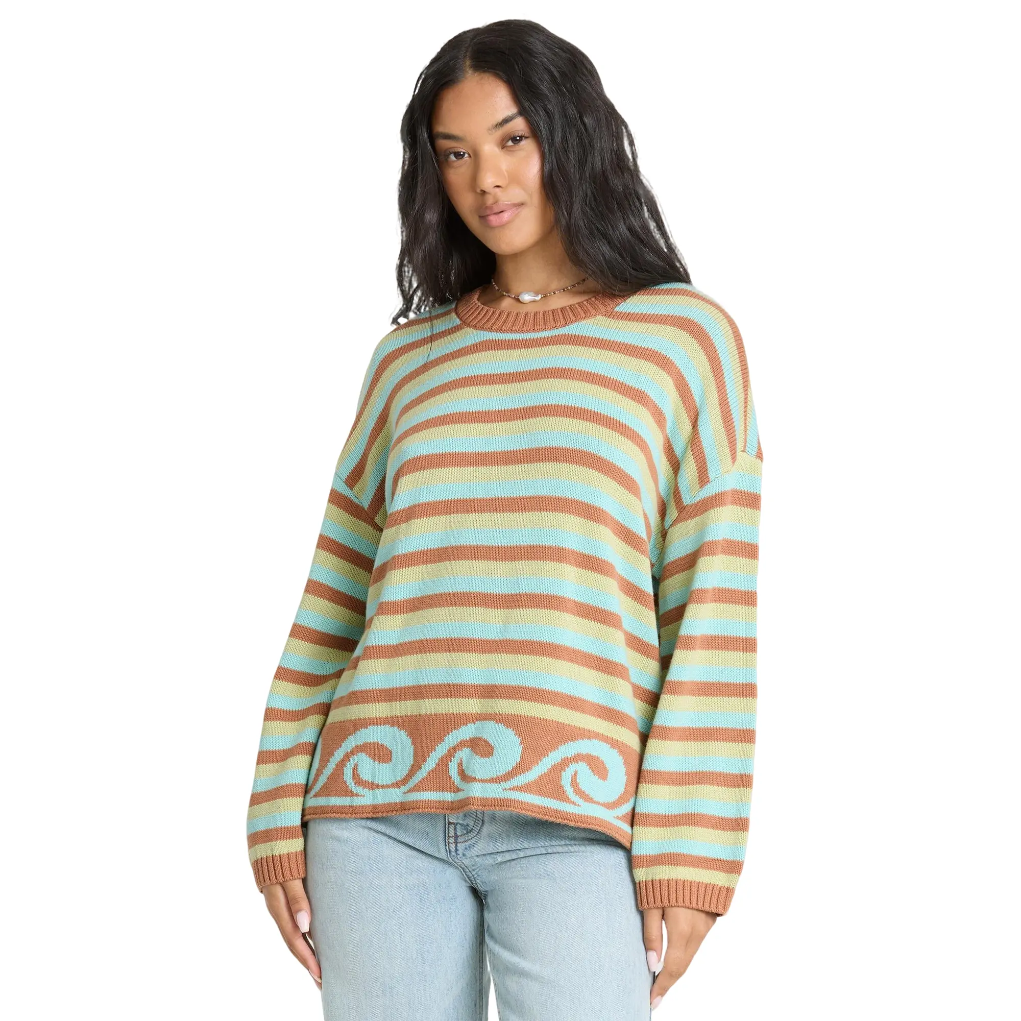 BILLABONG Bayside Crewneck Sweater - Sugar Almond, Women’s Oversized Cotton Jacquard Crewneck Sweater, Long Sleeves, Metal Logo Plate, for Everyday Cozy Streetwear Fall