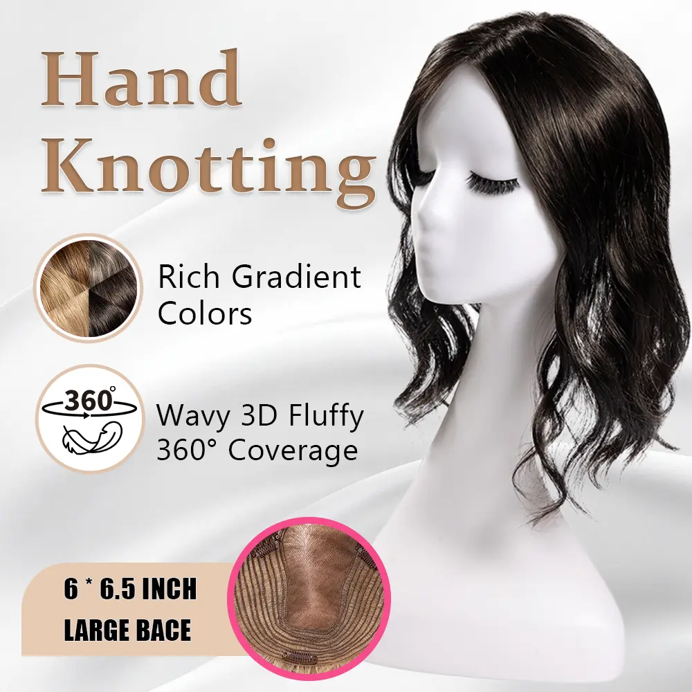 EC Wavy Synthetic Hair Topper - 78g, 6''x6.5'' Hand-Knotted Breathable Lace Base, 3 Anti-Slip Clips, Glueless, Grey Coverage, Instant Volume Realistic Hairpiece for Thinning Hair, Casual & Work Wear