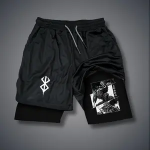 Berserk 80s 90s Double-Layer Sports Shorts Graphic Shorts Black Camo Streetwear Shorts Men Outfits Men Vacation Outfits Shorts