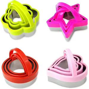 12- Stainless Steel Cookie  Set with Handles - Heart, Flower, Round, Five  Shapes - Fruit Vegetable, Small Stainless Steel Biscuit Mold for Baking (Multicolor)