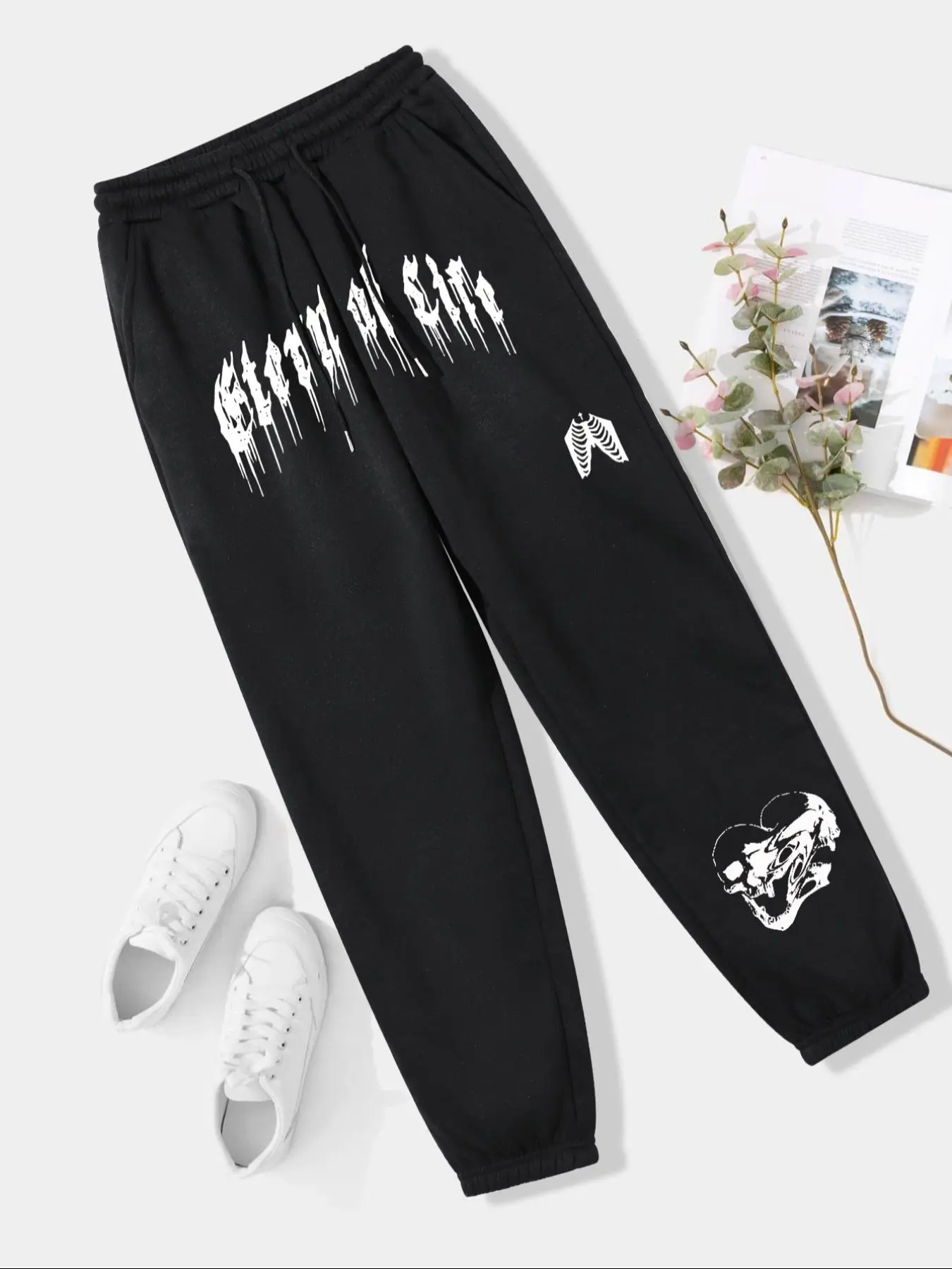 Women's Letter & Skull Print Drawstring Waist Thermal Lined Sweatpants, Casual Pocket Jogger Pants for Fall & Winter, Men's & Women's Trousers for Daily Wear
