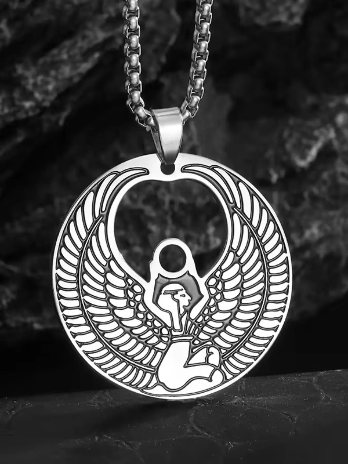 Ancient Egyptian Winged Goddess Pendant Necklace, Vintage Jewelry Magic Power Amulet, Isis Charm Unisex Stainless Steel Chain