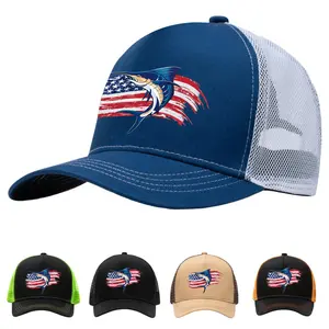 Blue Marlin Fishing Hat American Flag Trucker Hat for Men Women, USA Patriotic Mesh Snapback Cap Adjustable Breathable Outdoor Beach Boating Hat Summer Fishing Gift for Anglers Dad Husband