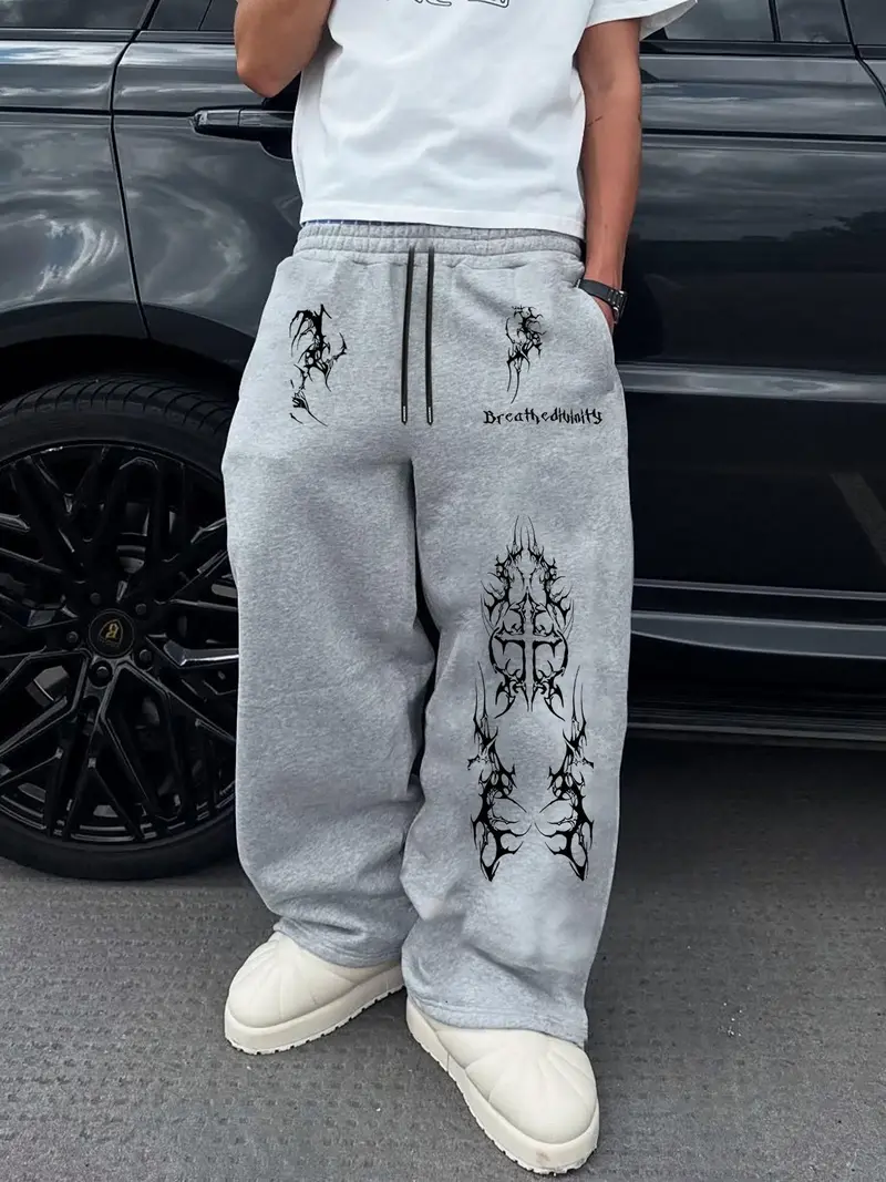 Men's Multi-Color Casual Sweatpants, Loose Fit, Gothic Print, Drawstring Waist, Comfortable Street Style, Ideal for Daily Wear, Sports, Parties, Soft Comfy Sweatpants