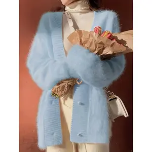 Plus Size Solid Color Button Front Fuzzy Cardigan, Elegant Long Sleeve Knit Cardigan for Fall & Winter, Women's Plus Size Clothing