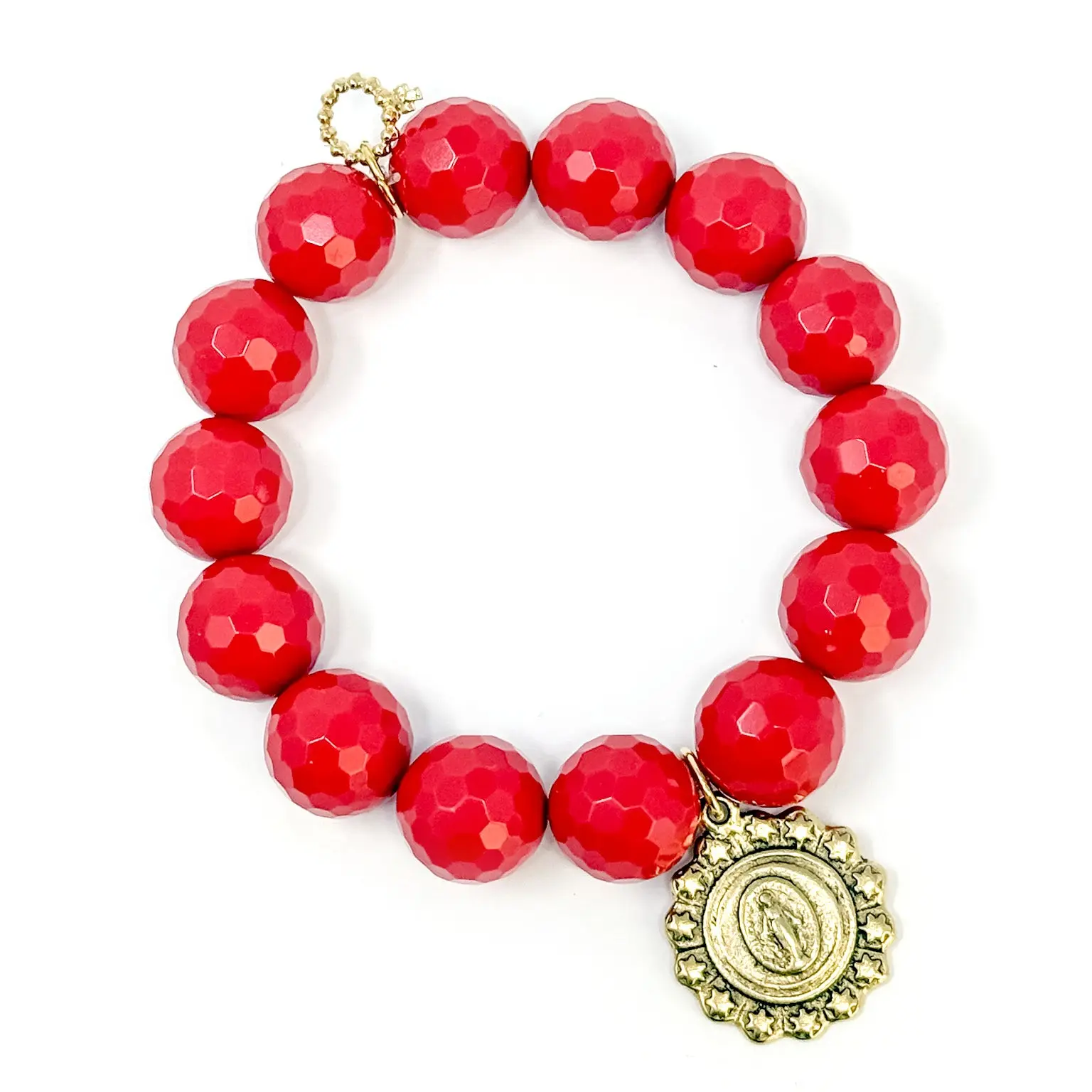 Women's 14mm Faceted Cardinal Agate Chalcedony Jewelry - 7 Inches Semiprecious Stone Accessory, Gold Star Surround, Blessed Mother Design, EDR-26-49/50, Symbolizes Courage, Strength, Protection