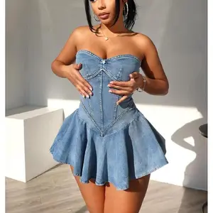 Women's denim skirt, sleevelessdress, stylish and sexy A - line mini denim dress for spicy girls. Casual Fashion Womenswear Corset