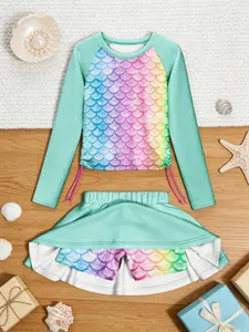 Mermaid Print Swimwear Set, Swimsuit Sets, Cute Comfortable Kids Swimsuit & Shorts, Summer Playful, Fitted Style, All Seasons