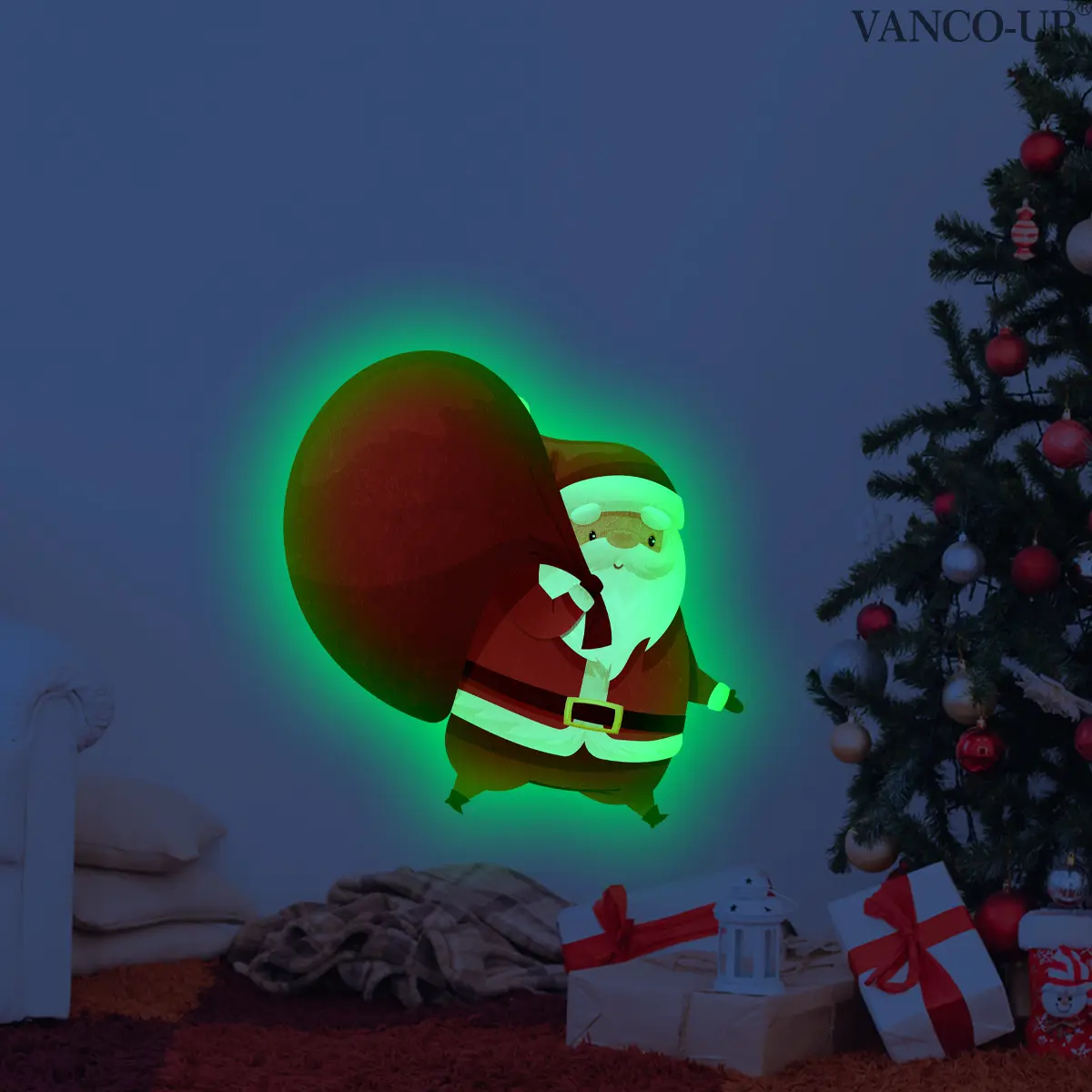 A luminous Christmas cartoon wall sticker of Santa Claus carrying gifts - wall sticker, home holiday decoration and beautification sticker, self-adhesive YCG20208