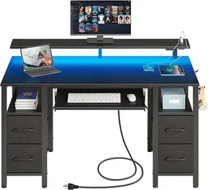 Computer Desk 47.2" with LED Lights & Power Outlets, Home Office Desk with 4 Drawers, Writing Desk with Keyboard Tray, Study Ta NONE
